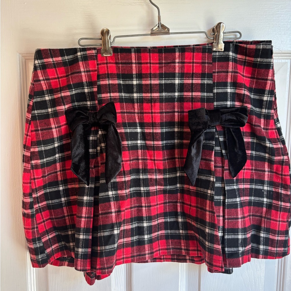 NWOT Arula Red Black Plaid Bow Mini Skort 0X Holiday Coquette Bows